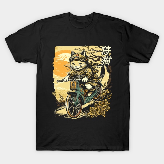 Japanese Samurai Cat on Motorcycle Kawaii Ninja Cat T-Shirt by Apocatnipse Meow